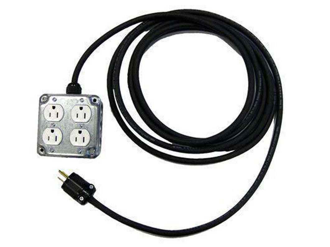 USA Made CBI Quad Duplex Box w/ 4 AC Outlets, 12/3 Hardwired Power Extension Cable - Choose Your Desired Length
