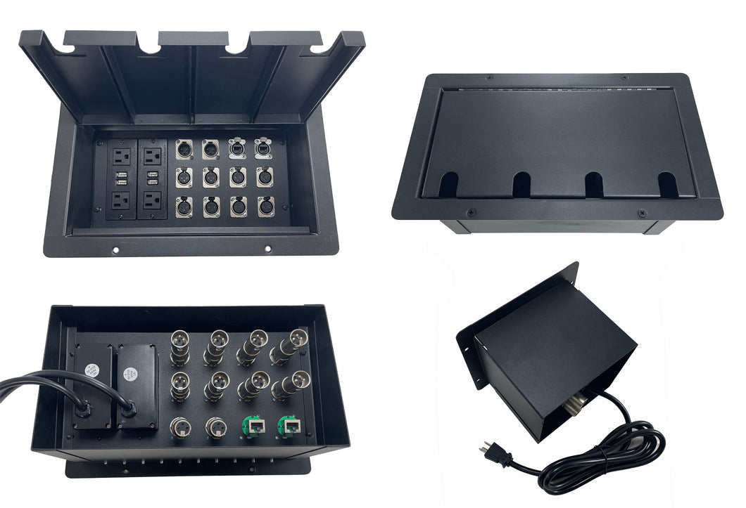 PROCRAFT JUMBO 4 HOLE LID FEED-THRU RECESSED Stage Pocket/Floor Box w/ 2) WIRED AC 8) XLR Female 2) XLR Male 2) RJ45