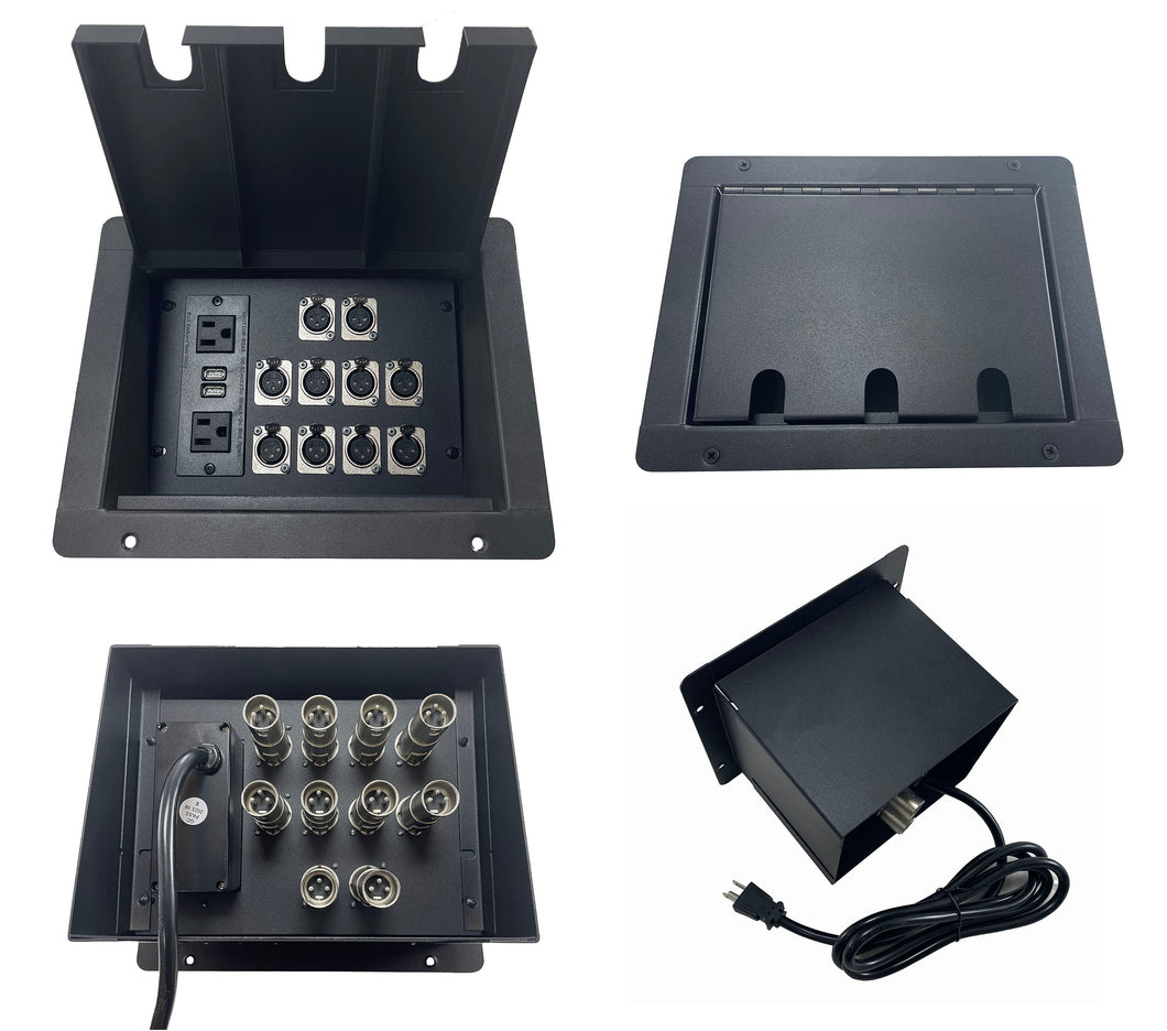 PROCRAFT LARGE 3 HOLE LID FEED-THRU RECESSED Stage Pocket/Floor Box w/ 1) WIRED AC 10) XLR FEMALE