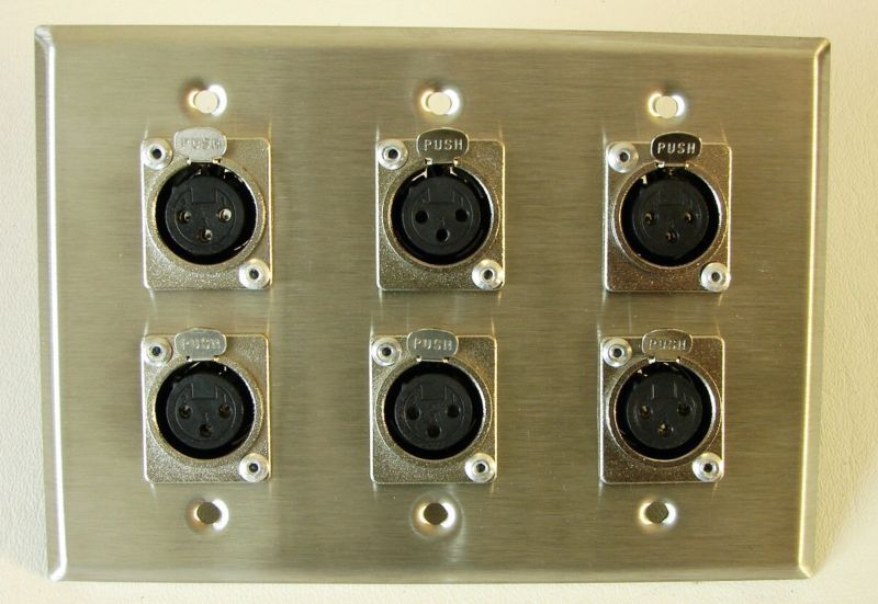 (One) Leviton Stainless Steel 3 Gang Wall Plate Loaded with Six Female XLR's